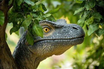 Obraz premium Close-up of a Dinosaur's Head Looking Through Leaves