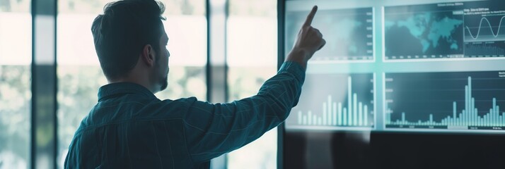A man is pointing at a digital screen displaying various charts and graphs, suggesting data analysis or a business presentation.
