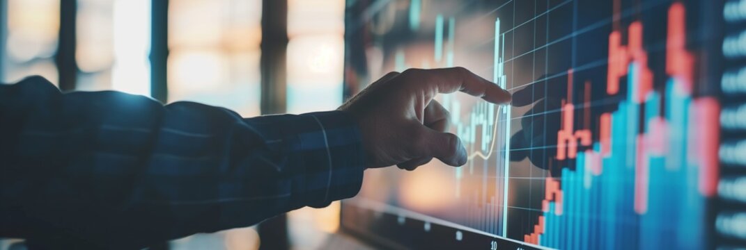A close-up shot of a hand interacting with a colorful data chart displayed on a digital screen, illustrating data analysis or trading.