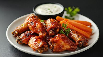 Fototapeta premium Chicken wings with sweet and sour sauce. Roast chicken wings BBQ. Fast food. Plate of delicious barbecue chicken wings. Korean fried chicken. Spicy chicken wings. Copy space area
