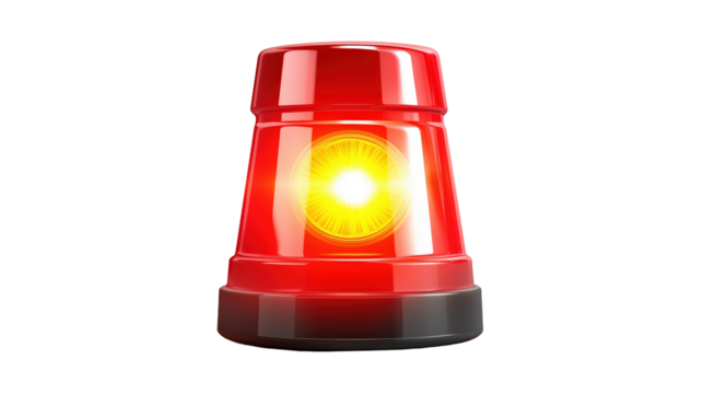 Red siren flashing, emergency warning light signal isolated on transparent background	
