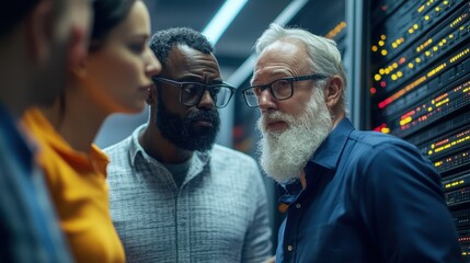 IT experts discuss a networking problem while analyzing server equipment in the data center