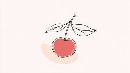 Single cherry line art, hand-drawn minimalist illustration, crisp lines on a white background