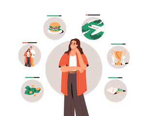 Coaching wheel concept. Young woman estimates life balance. Person thinks about harmony of categories: relationships, finance, travel, esteem. Psychology. Flat isolated vector illustration on white