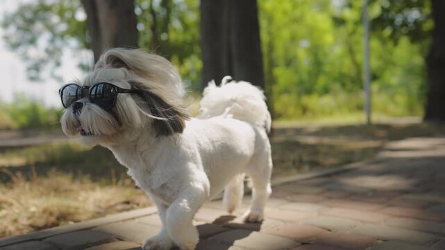 A small Shih Tzu dog is running on a cobblestone path on a sunny day, wearing black sunglasses. The dog looks happy and active, with its tongue sticking out