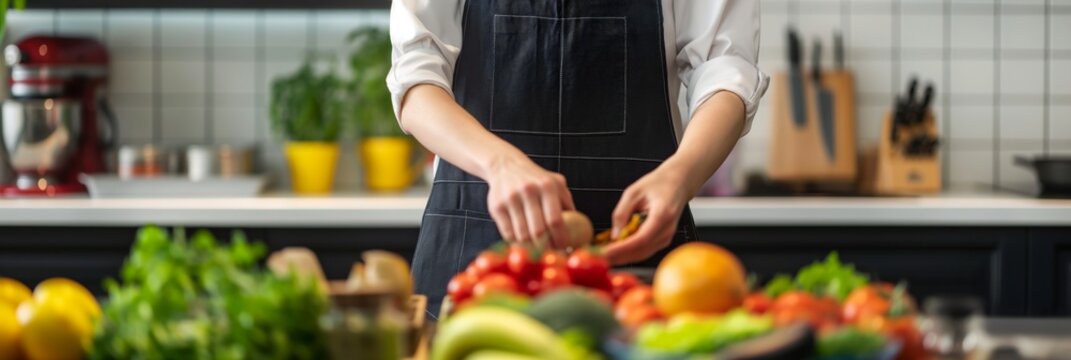 A chef is preparing fresh vegetables, showcasing culinary skills, healthy eating, and the art of cooking in a modern kitchen environment.