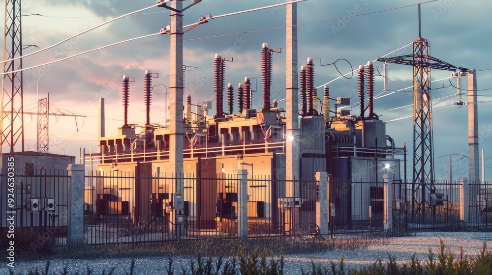 Poster industrial infrastructure with power transmission in the background