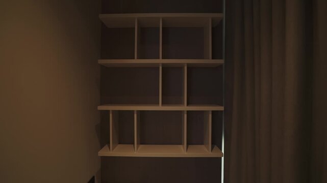 empty bookshelves in the balcony area