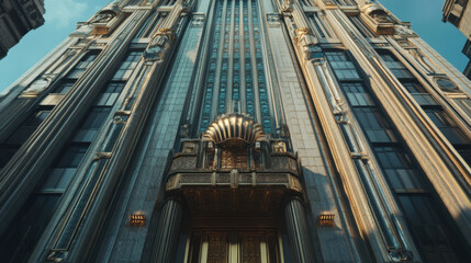 A classic Art Deco skyscraper with intricate detailing and a grand entrance