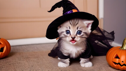 Adorable kitten wearing Halloween costume, adorable kitten on Halloween, Halloween background, cute pet on Halloween, pet halloween costume, ai generated