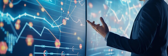 A businessman in a suit analyzes a digital stock market chart displayed on large screens, showing various financial data and trends.