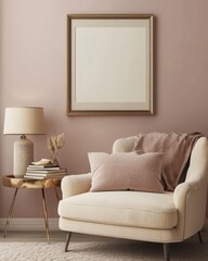 A white chair with a pink pillow and a gold lamp on a table