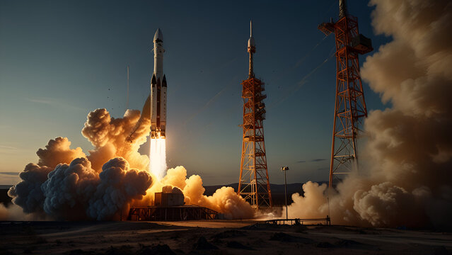 Fiery Rocket Ascent: Launching into the Future of Space Travel with Earth in the Distance