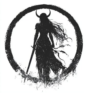recommend clip art: The silhouette of a praying Valkyrie holding a sword in her hands is blotted out. Typical illustration in two dimensions.