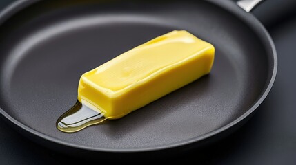 A butter stick melting on a hot pan