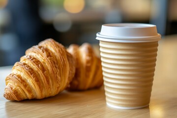 Morning essentials  coffee to go with croissants in biodegradable, disposable takeaway cups