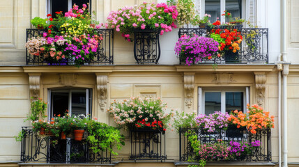 A classic Parisian scene: flower-covered balconies and wrought-iron railings on a historic