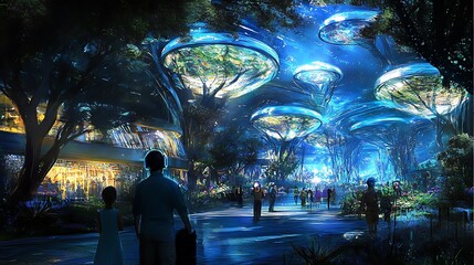 A futuristic amusement park with virtual reality rides and interactive experiences