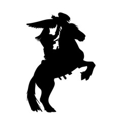 Mongolian Girl Silhouette Riding Rearing Horse Holding Falcon Vector