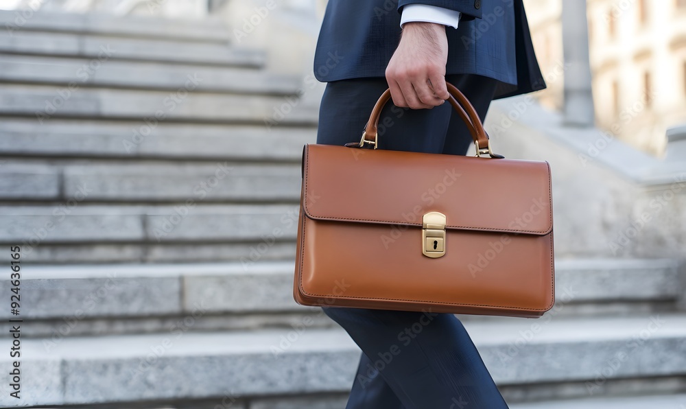 Wall mural businessman with stylish briefcase going upstairs outdoors, generative ai