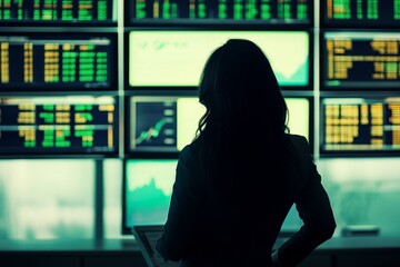 Businesswoman analyzing stock exchange data on multiple computer screens in her office