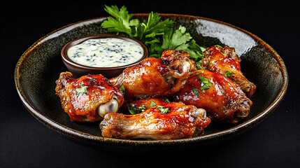 Fototapeta premium Plate of delicious barbecue chicken wings. Grilled chicken drumsticks with tomato sauce. Baked chicken wings in sweet and sour sauce with ketchup. Roast chicken wings BBQ. Fast food