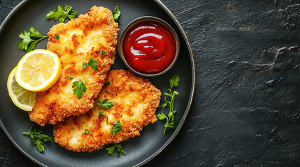 The incredibly delicious and appetizing breaded chicken cutlets on a dark plate with lemon, herbs and ketchup sauce. Crispy chicken strips or fried chicken. Fast Food. Copy space area