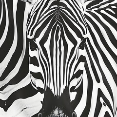A close-up black-and-white image of a zebra's face and black and white zebra skin pattern, showcasing the bold contrast of its striking stripes.