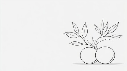 Lemon branch with leaves in minimalist line art, hand-drawn style, clean white background, showcasing delicate lines and organic forms