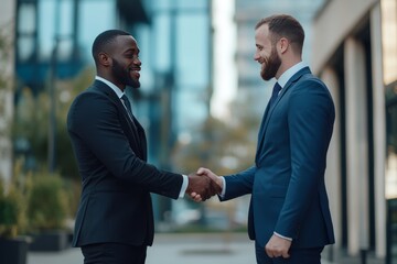 Diverse businessmen handshake for new client negotiation and contract partnership in elegant suits