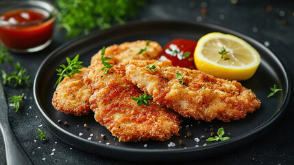 Fototapeta premium The incredibly delicious and appetizing breaded chicken cutlets on a dark plate with lemon, herbs and ketchup sauce. Crispy chicken strips or fried chicken. Fast Food. Copy space area