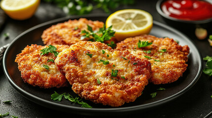 The incredibly delicious and appetizing breaded chicken cutlets on a dark plate with lemon, herbs and ketchup sauce. Crispy chicken strips or fried chicken. Fast Food. Copy space area