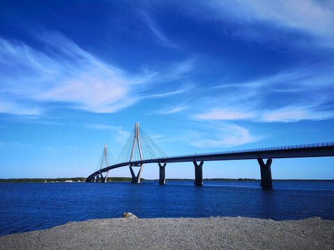 Blue sky and the bridge of Raippaluoto, Vaasa, Finland captured on a sunny summer day