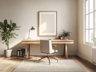 A clean and organized office space with a wooden desk, a chair