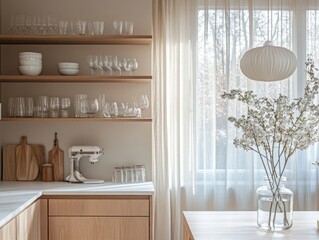 A kitchen with a white counter and wooden cabinets