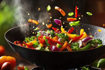 Vibrant vegetables sizzle in a wok, showcasing a colorful mix of fresh produce and enticing steam rising in a cozy kitchen setting.