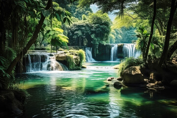 Naklejka premium generated illustration of nature background a waterfall in a lush green forest