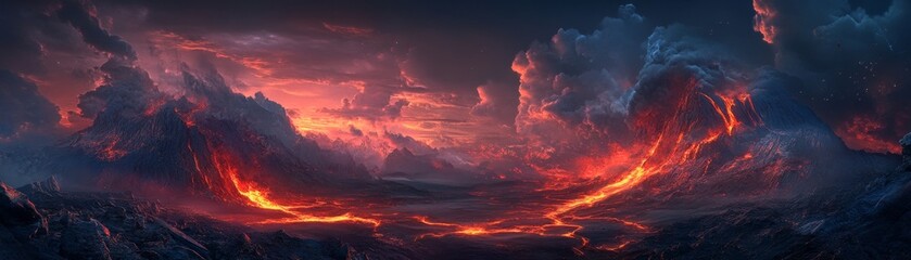 Fiery Fantasy Peaks: Enchanted Mountain Range with Lava Rivers Glowing in Dark Sky - Digital Art of Dramatic Landscape in Warm Reds and Oranges