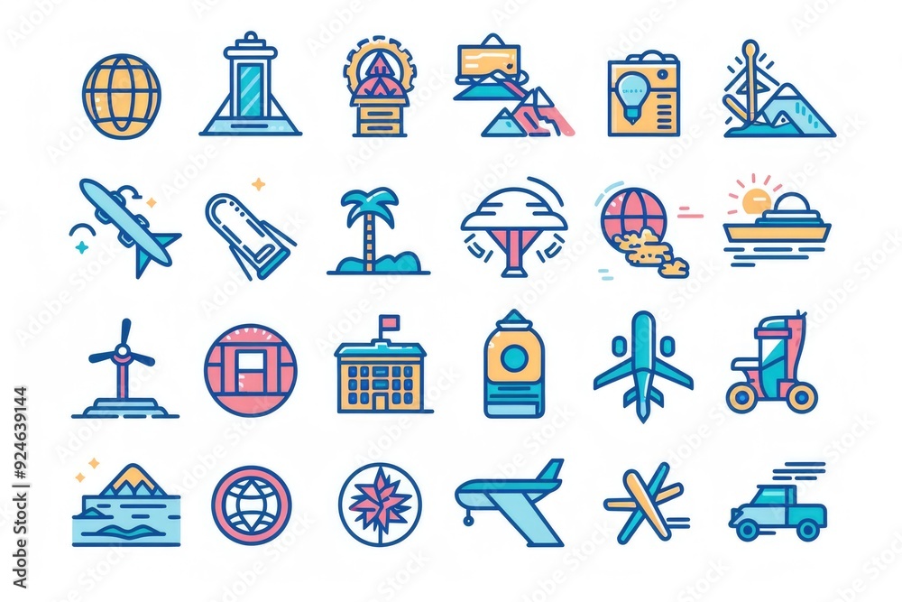 Poster a collection of various colored icons set against a white background
