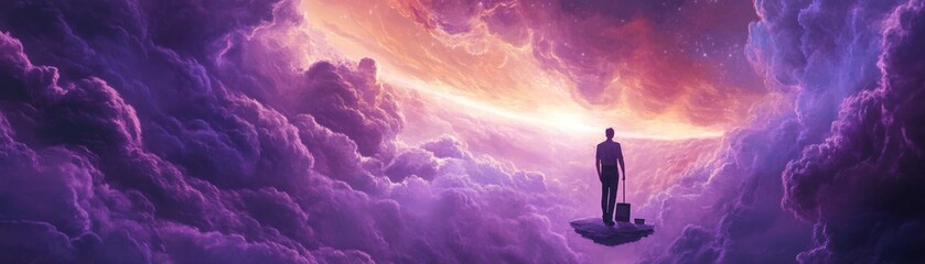Obraz premium Ethereal Painter: Surrealism Art in Cosmic Clouds of Deep Purples - Digital Painting of Artist in Floating Studio