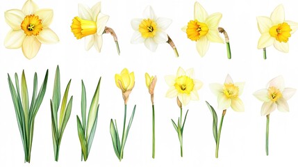 Fototapeta premium Set of Watercolor Daffodil Flowers Clipart, Hand-Painted Floral Illustrations Isolated on White Background