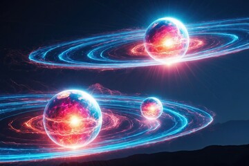 Obraz premium Vibrant Mystical Orbs Glowing in a Surreal Midnight Landscape