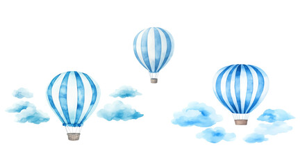 Watercolor hot air balloon in blue and white stripes flying among the clouds