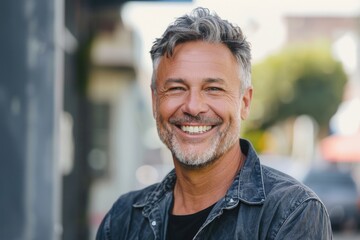A man with grey hair wearing a black shirt smiles, suggesting happiness and positivity