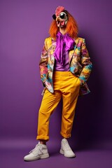 Obraz premium Stylish and Swagged-Out Chicken Character: Realistic Cartoon Bird in Trendy Clothing and Fashionable Pose, Combining Anthropomorphic Charm with a Playful Fashion Sense