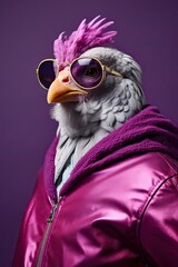 Stylish and Swagged-Out Chicken Character: Realistic Cartoon Bird in Trendy Clothing and Fashionable Pose, Combining Anthropomorphic Charm with a Playful Fashion Sense