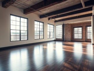 A large open room with a lot of windows and wooden floors