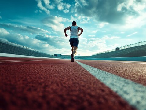 Triumphant runner crossing finish line in track race captured in dynamic photography shot