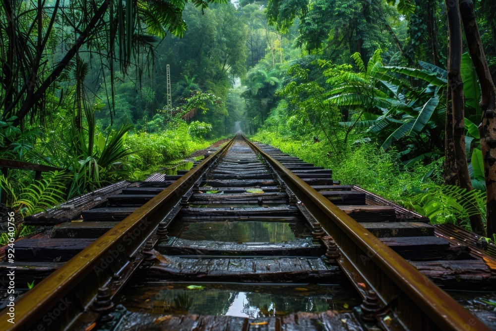 Poster A railway track running through a dense forest, perfect for use as a background or element in your design
