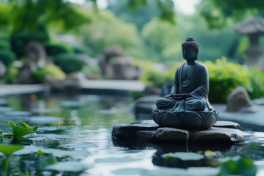 Zen meditation by a tranquil pond, serene surroundings fostering mindfulness, highdefinition, peaceful and calming setting